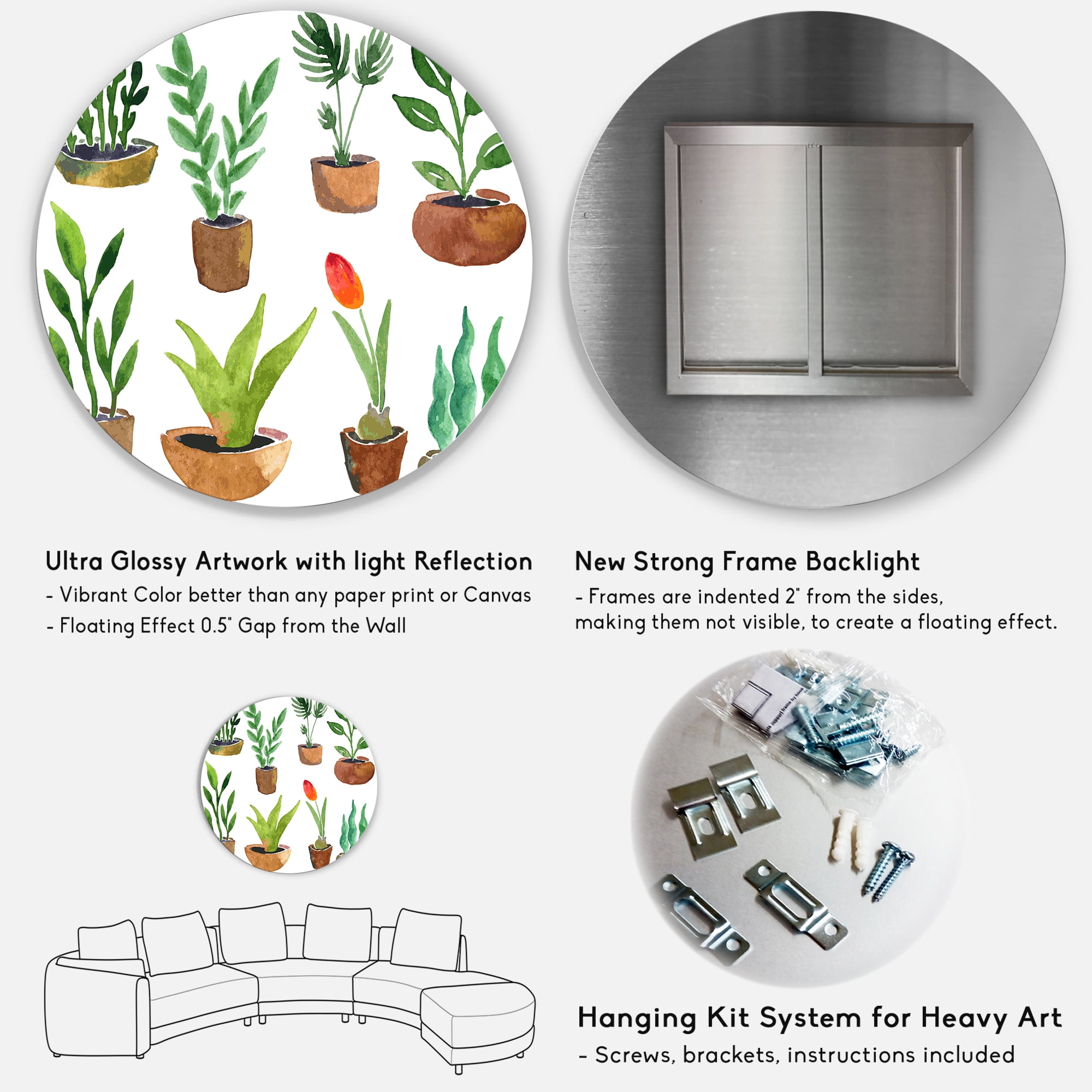 Designart 'Eight House Plants In Claypots' Traditional Circle Metal Wall Art 36x36 - Disc of 36