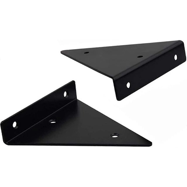 2 pcs floating shelf brackets, metal floating tri shelf bracket concealed shelf bracket negro — dos soportes triangulares de metal para estantes flotantes, acabado en polvo negro con tres orificios de tornillo visibles cada uno; dimensiones 130 x 140 x 27 mm, mostrados sobre fondo blanco, ideales para montar estantes y exhibir libros o pequeños adornos.