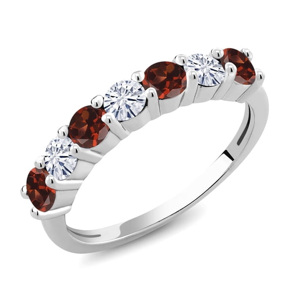 Gem Stone King 925 Sterling Silver Round Garnet Moissanite Anniversary Ring for Women (1.28 Cttw, Gemstone Birthstone, Size 9)