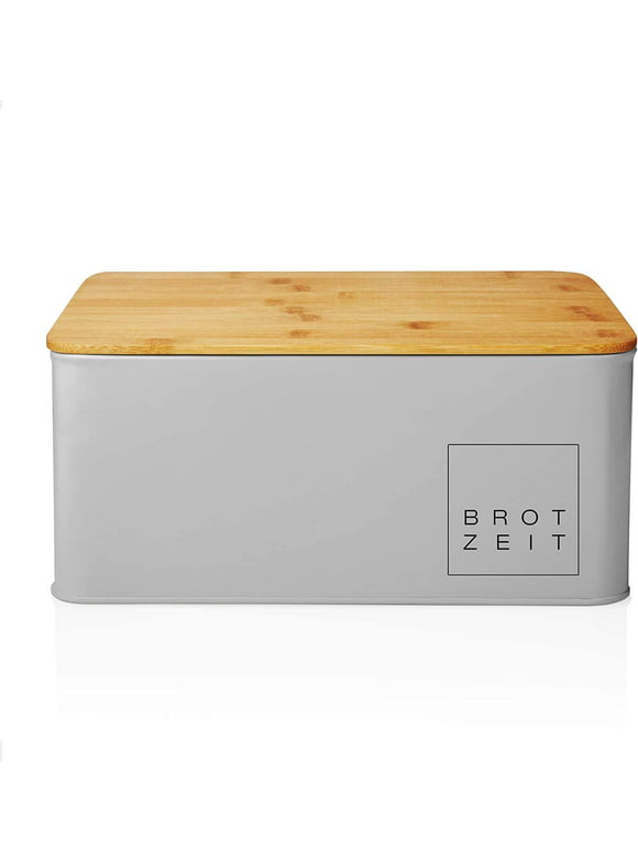 Lumaland Metal Gray Bread Box with Bamboo Lid/Cutting Board, Bread Holder, 12" x 9.2" x 5.5"