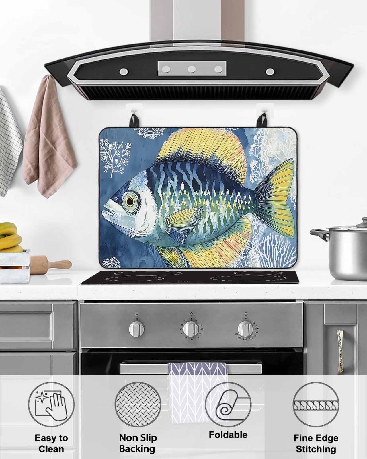 nqOlkjepod Large Induction Cooktop Protector Mat 24"x21", Coastal Blue Yellow Fish Stove Top Covers for Electric Stove, Summer Ocean Coral Plant Stove Burner Cover Mats, Glass Top Stove Cover