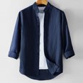 thumbnail image 1 of Blusa y camisa de manga larga con cuello alto para hombre, informal, de imitación y lino, color liso, con solapa, manga larga, botones finos, blusa de poliéster para hombre, 1 of 3