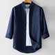 thumbnail image 1 of Blusa y camisa de manga larga con cuello alto para hombre, informal, de imitación y lino, color liso, con solapa, manga larga, botones finos, blusa de poliéster para hombre, 1 of 3