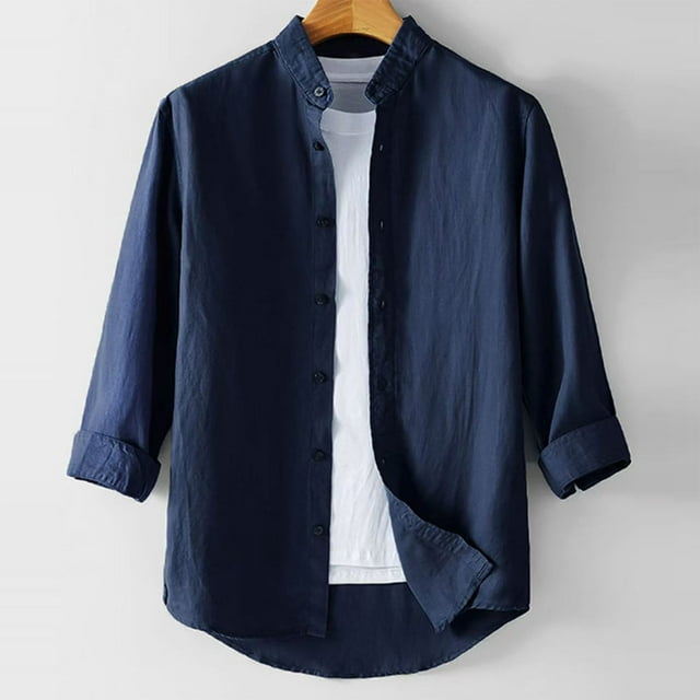 Blusa y camisa de manga larga con cuello alto para hombre, informal, de imitación y lino, color liso, con solapa, manga larga, botones finos, blusa de poliéster para hombre