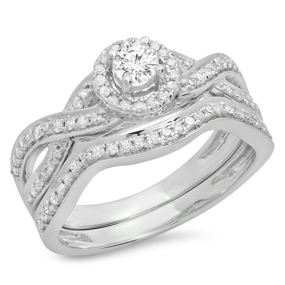 Dazzlingrock Collection 0.60 Carat (ctw) 14K Round Diamond Bridal Swirl Halo Style Engagement Ring Set, White Gold, Size 7