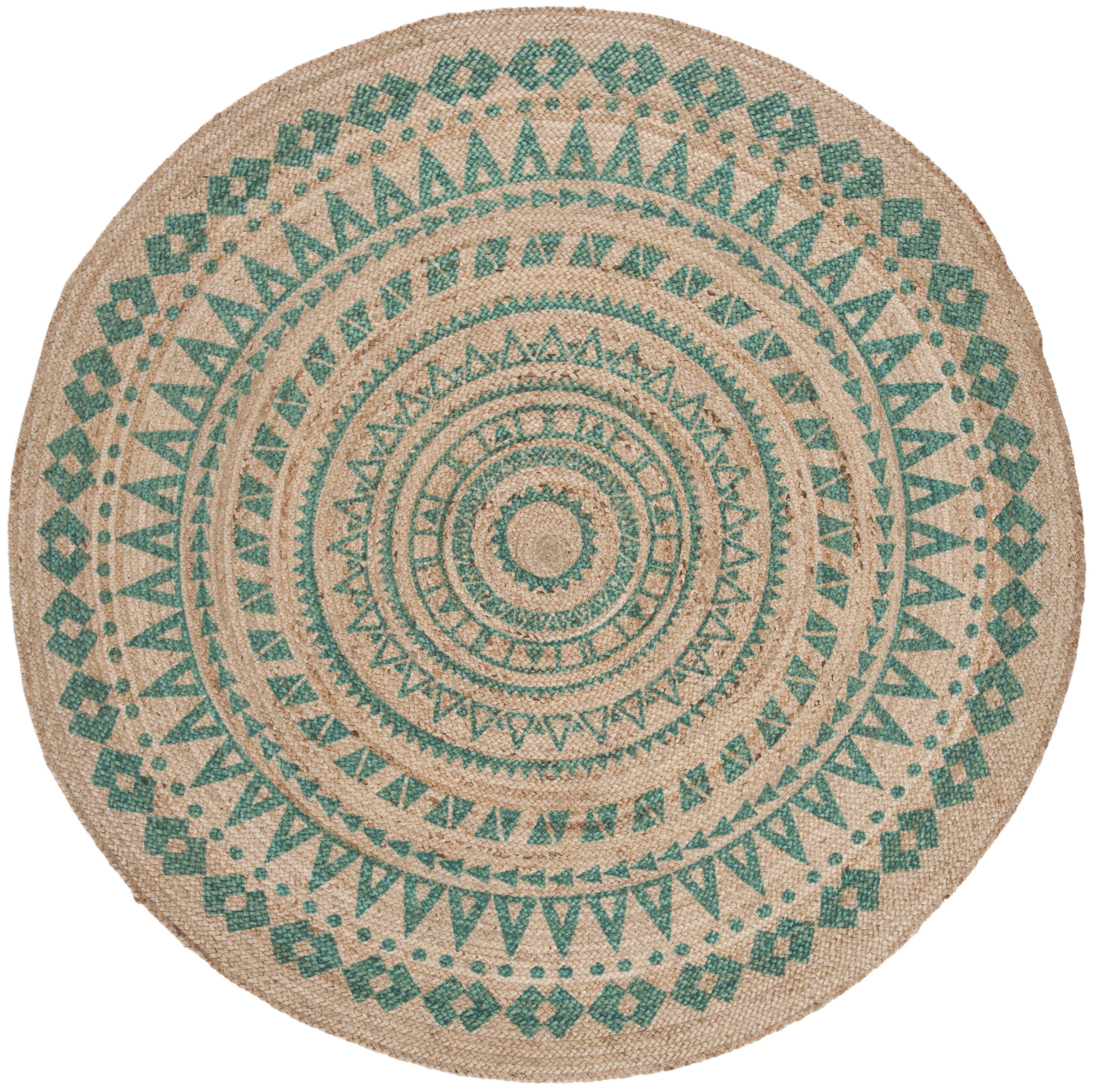 SAFAVIEH Natural Fiber Zoolander Geometric Jute Area Rug, Teal/Natural, 4' x 4' Round