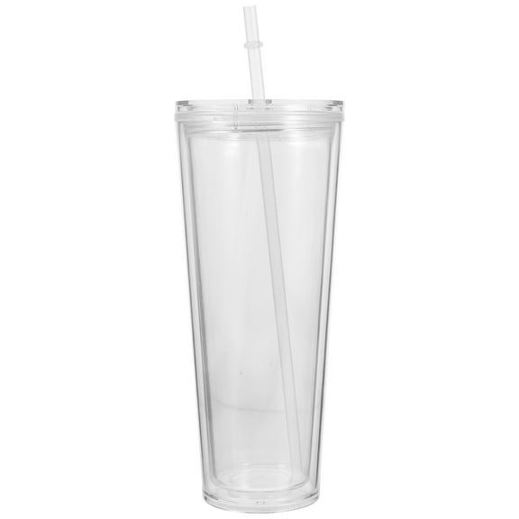 Brandonz Double-layer Drinking Cup Reusable Plastic Juice Cup Anti-scald Water Cup With Straw