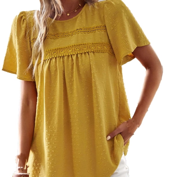 Camiseta de mujer de moda de manga corta de color sólido con retazos de cuello redondo OAVQHLG3B Store lin121212