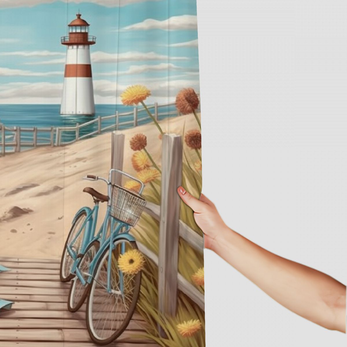 Pratyus Beach Lighthouse Bike Shower Curtain Waterproof Bath Decor Set with Hooks, Kids Bathroom Decor 100% Polyester Washable Curtain, Various Sizes 60"x72