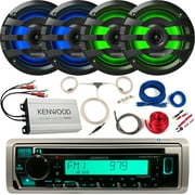 Kenwood KMR-D378BT Single DIN Bluetooth SiriusXM Ready CD Player Receiver, 2 Pairs (QTY 4) of 6.75" 2-Way 260 Watts Max Marine Black LED Speakers, 4-CH Amplifier, Wiring Kit, Antenna