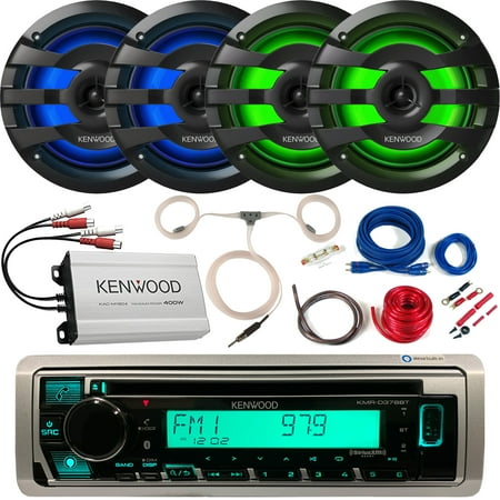 Kenwood KMR-D378BT Single DIN Bluetooth SiriusXM Ready CD Player Receiver, 2 Pairs (QTY 4) of 6.75" 2-Way 260 Watts Max Marine Black LED Speakers, 4-CH Amplifier, Wiring Kit, Antenna