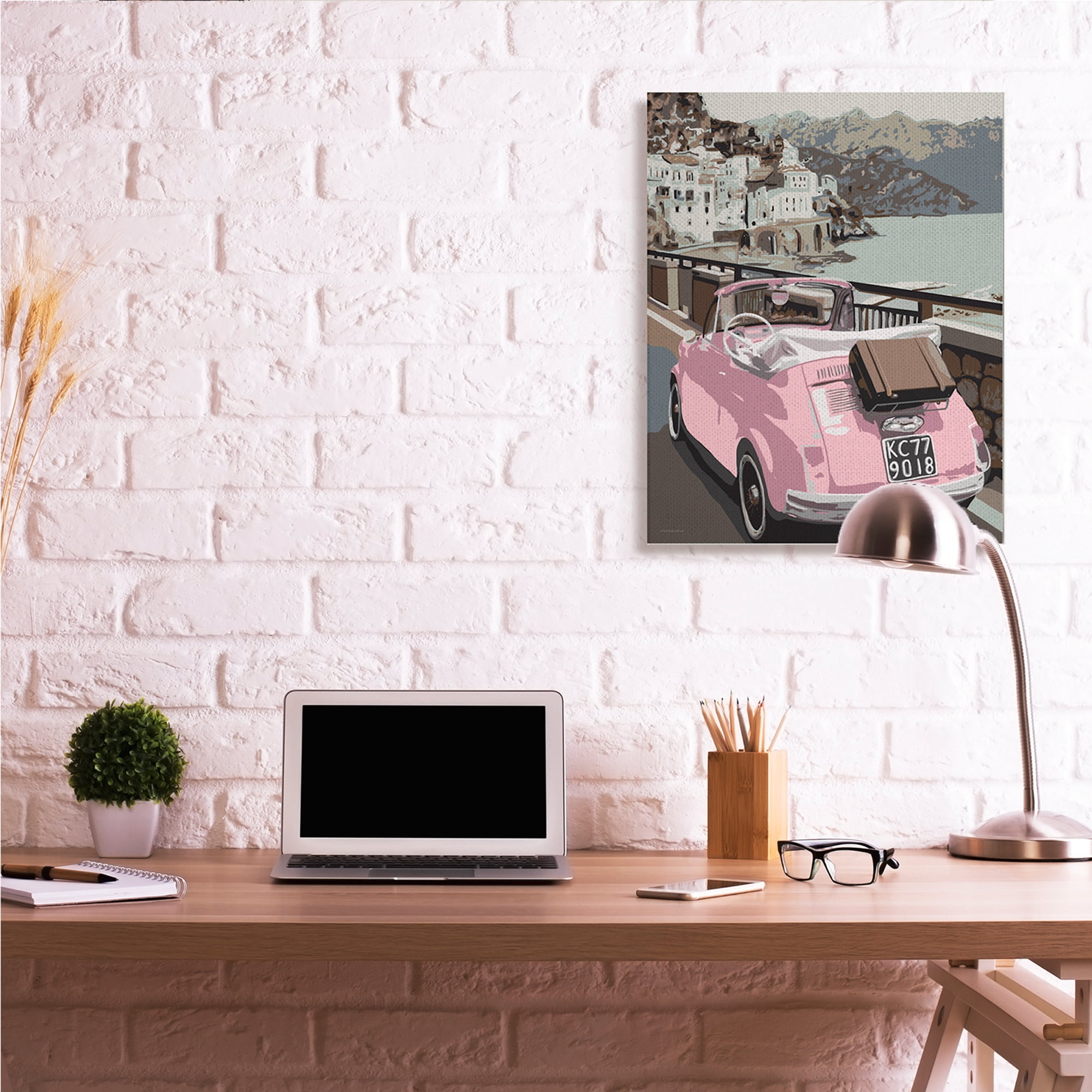 Stupell Industries Pink Car Cliffside Town on Waterfront Road,30 x 40,Designed by Kamdon Kreations