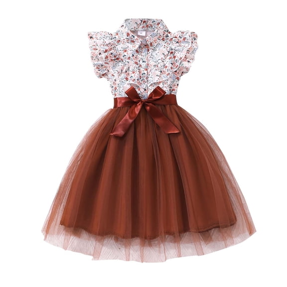 Girls Dresses Floral Collared Tulle Party Dress Short Ruffle Sleeve with Satin Bow Waist Elegant Summer Sundress for Kids 7-12Y