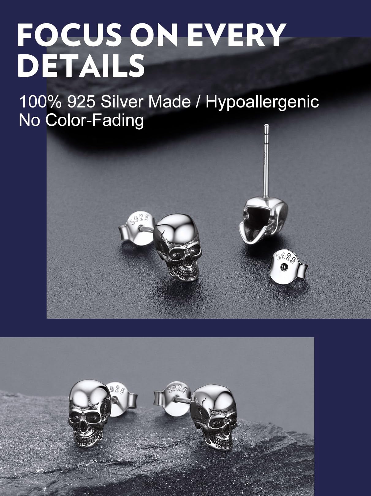 Bandmax Skull Stud Earrings for Women Men 925 Sterling Silver Stud Earrings Gothic Skull Punk Skeleton Ear Studs for Halloween Gift