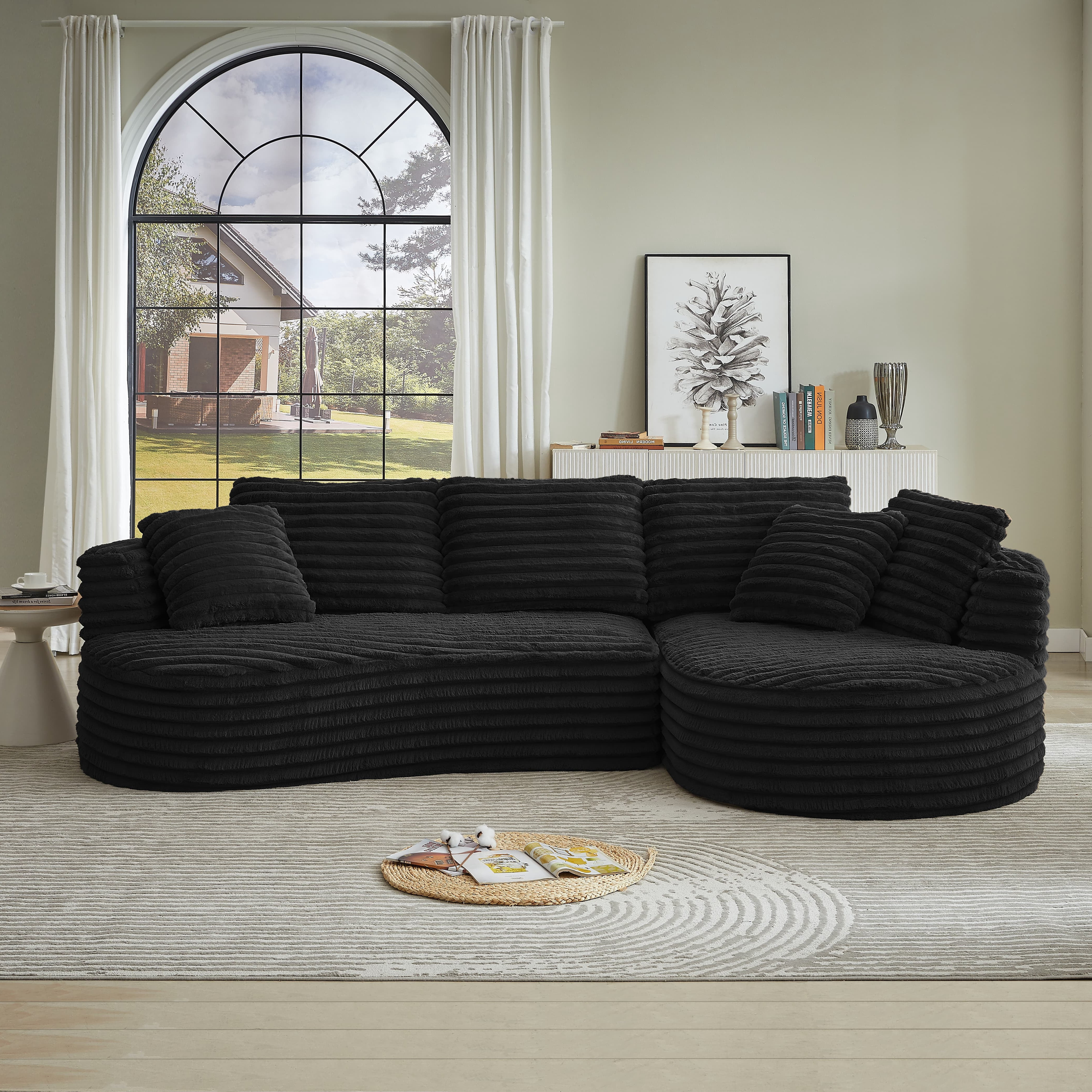 MAYEERTY 120.9" Black Corduroy Curved L Modular Sectional Sofa, Pocket Spring No Assembly Couch for Living Room Reception
