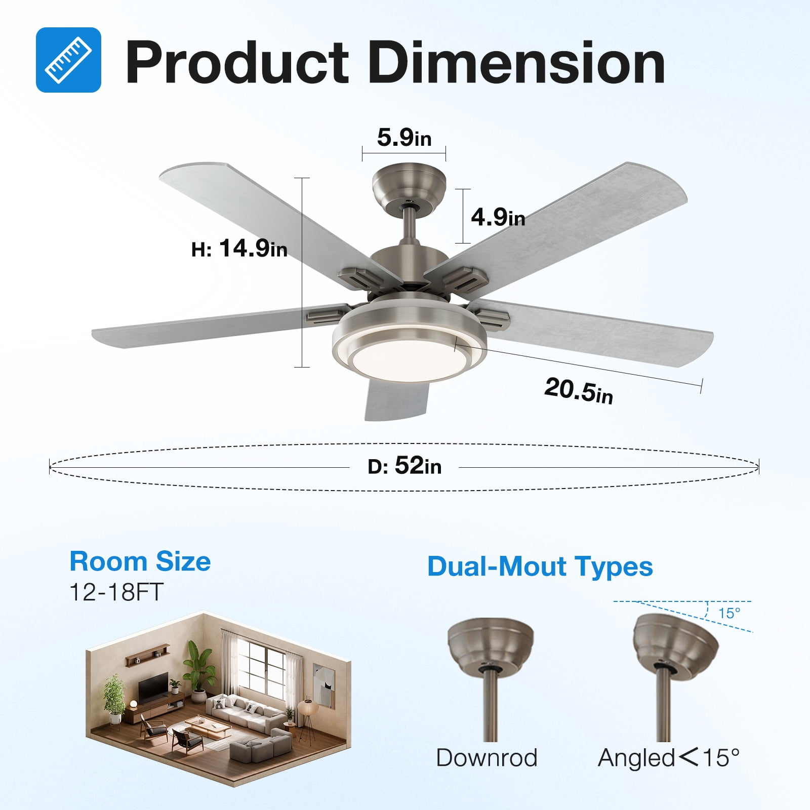 Warmiplanet 52" Modern Ceiling Fan with Light & Remote, Brush Nickel, Dual-Color Blades, 3 Speeds, 3-Color Light, Reversible, Timer