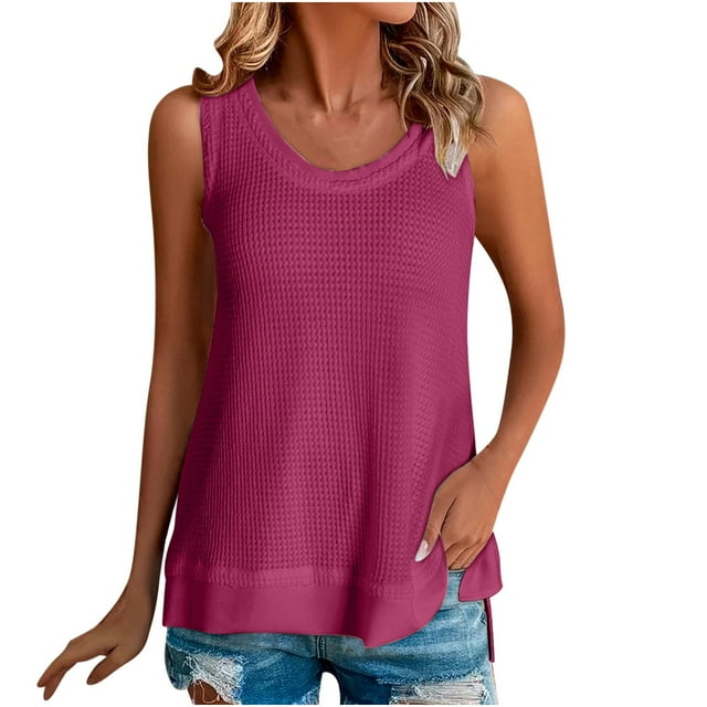 Plebaso Débardeurs d'Été pour Femmes Patchwork Sans Manches T-Shirts Surdimensionnés Col Rond Blouses Décontractées Amples