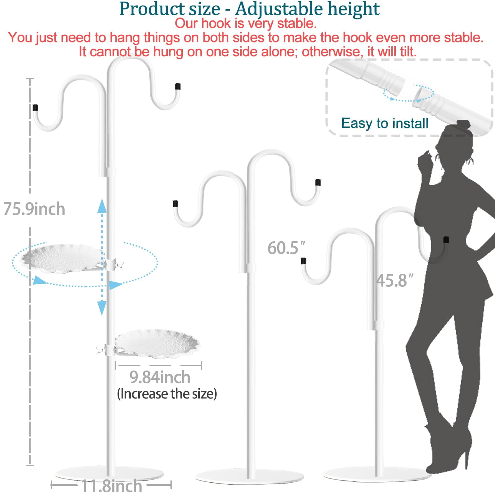 Upgraded 74" Shepherd's Hook Stand plant，Bird Feeder，Wind Chime Hanger Stand, Waterproof Metal & Adjustable-Height Standing Pole Holder for Lantern and Wreath, Indoor & Outdoor（2 Placement Racks)