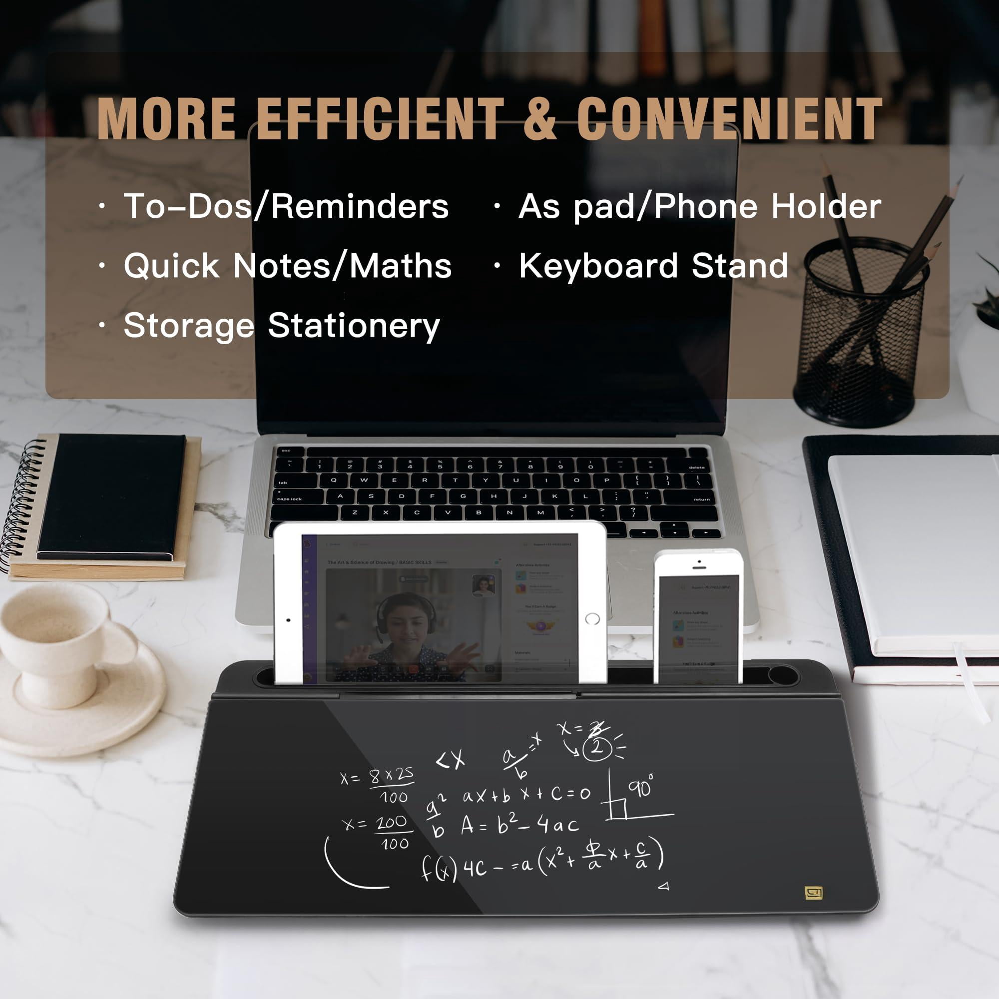 Desktop Glass Whiteboard With Organizer  Markers Eraser - Dry Erase Board Computer Pad Stand Drawer And Holder For Home School Office Black