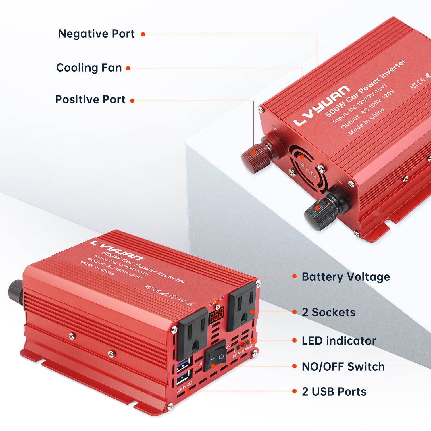LVYUAN 500 Watts Power Inverter Converter Adapter Battery Charger DC to AC 12V to 110V 2AC 2USB LED Display for Car Red