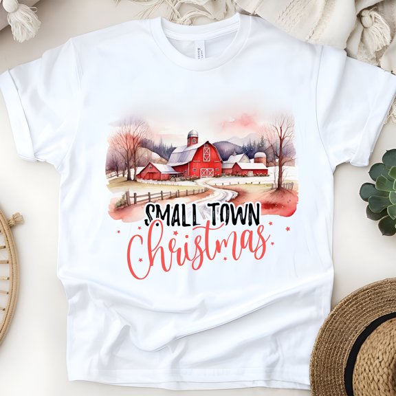 Small Town Christmas Barn Shirt | Rustic Country Holiday T-Shirt, White, Size S
