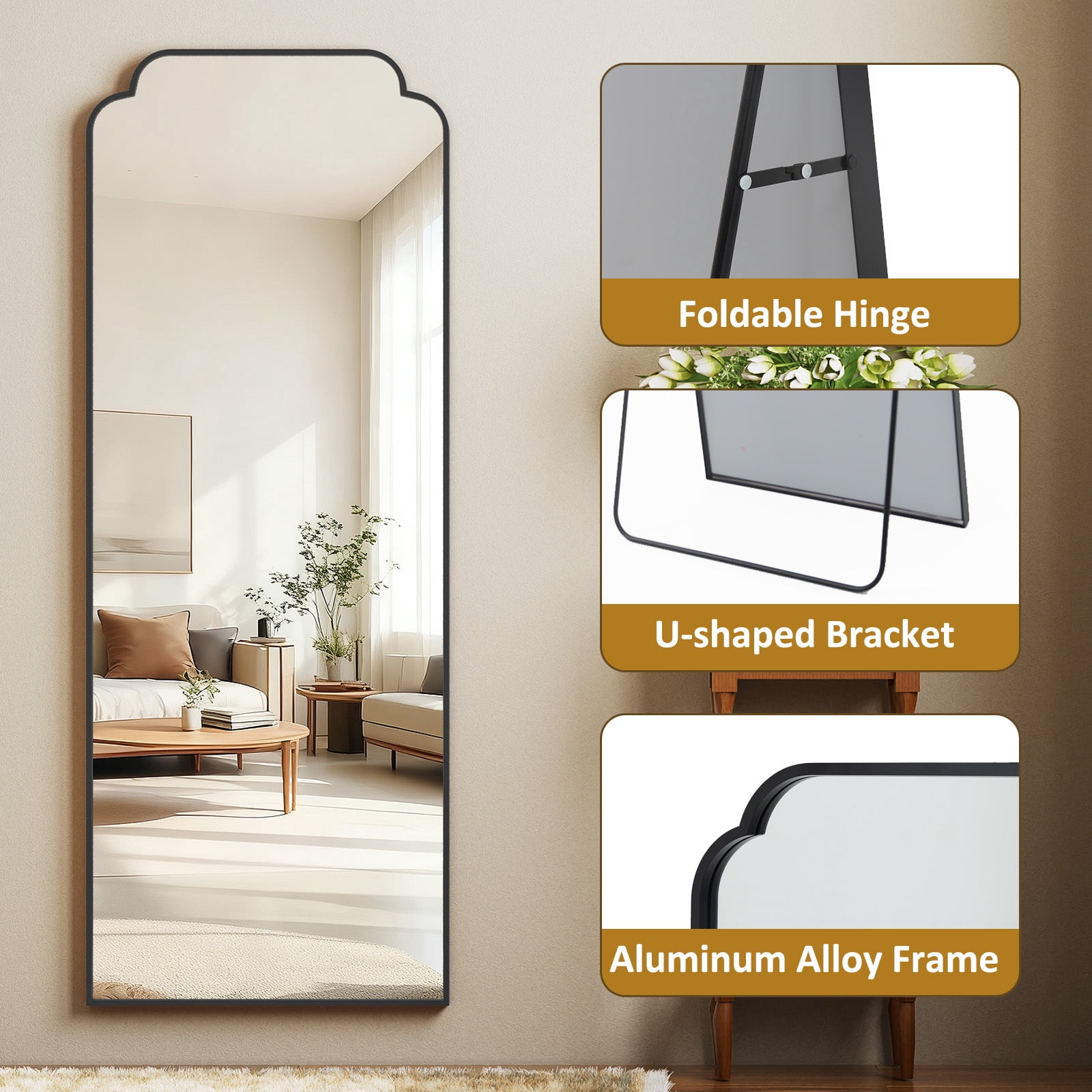 Easy4Home 64"x21" Arched Full Length Mirror Decorative Wall Mounted Mirror with Metal Frame, Black