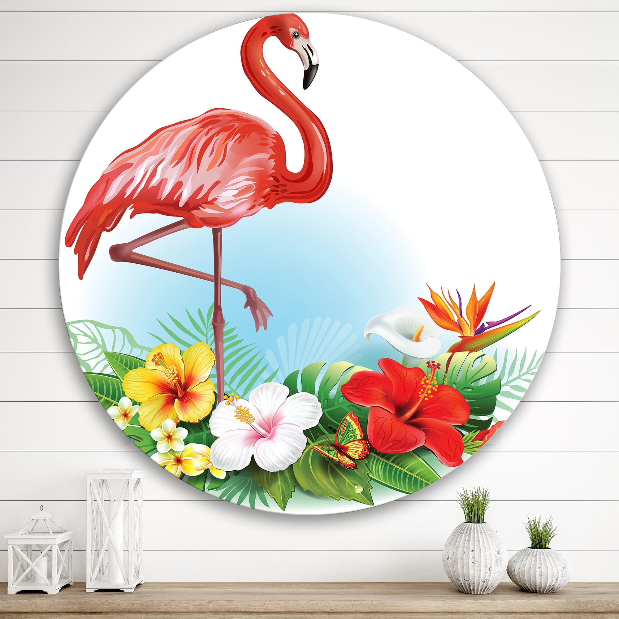 Designart 'Arrangement with Flamingo and Tropical Flowers' Traditional Circle Metal Wall Art 29x29 - Disc of 29