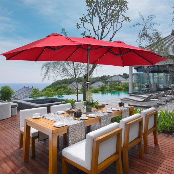 Ainfox 15ft Large Patio Umbrella with Solar Lights, DoubleSided