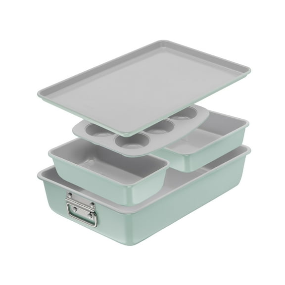 T-fal Stackable Ceramic Bakeware, 5 Piece Nonstick Bakeware Set, Mint Green, Oven Safe 450°F