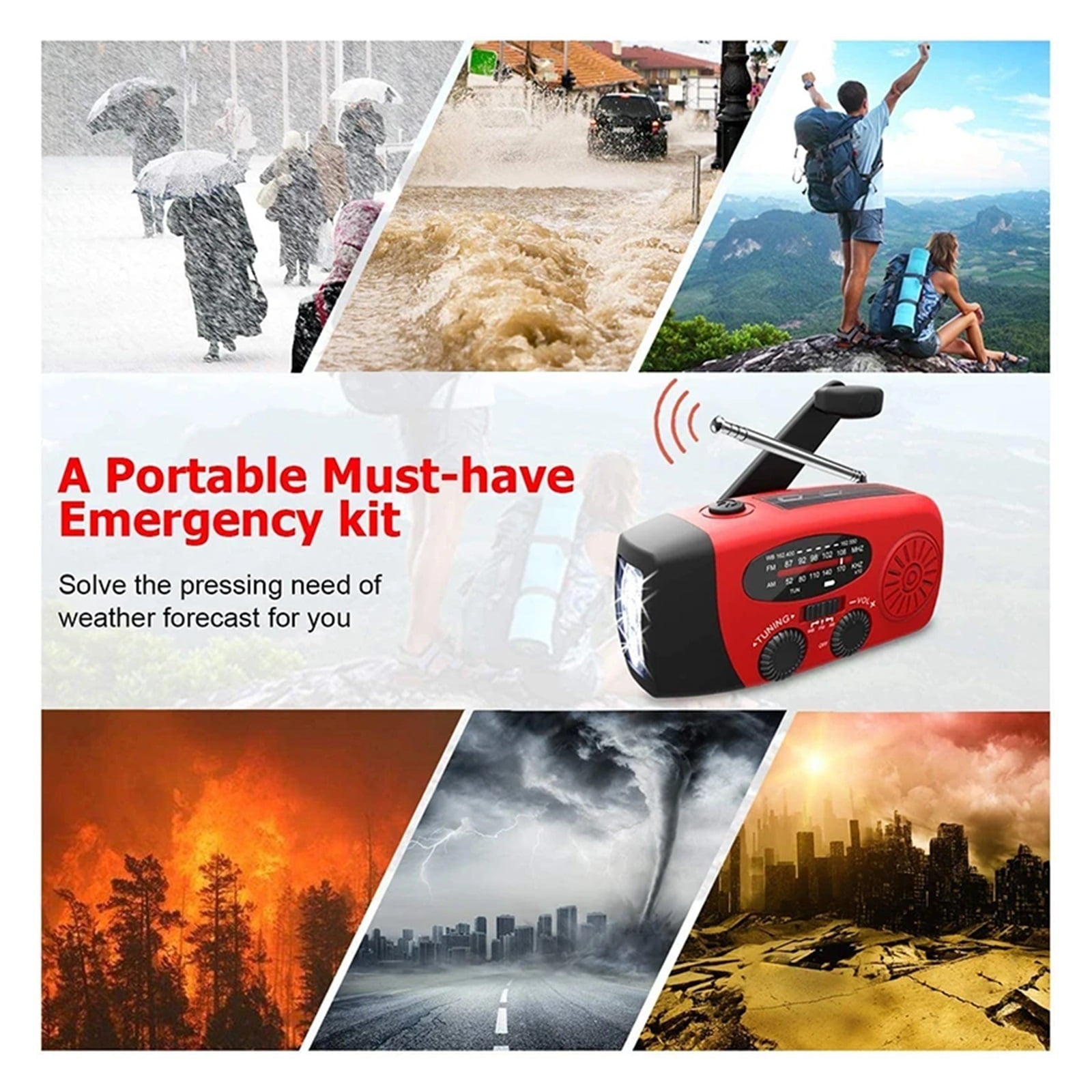 Multifunctional AM/FM/NOAA Portable Weather Radio Emergency Hand Crank Radio Power Bank Solar Charging with LED Flashlight ,Portable