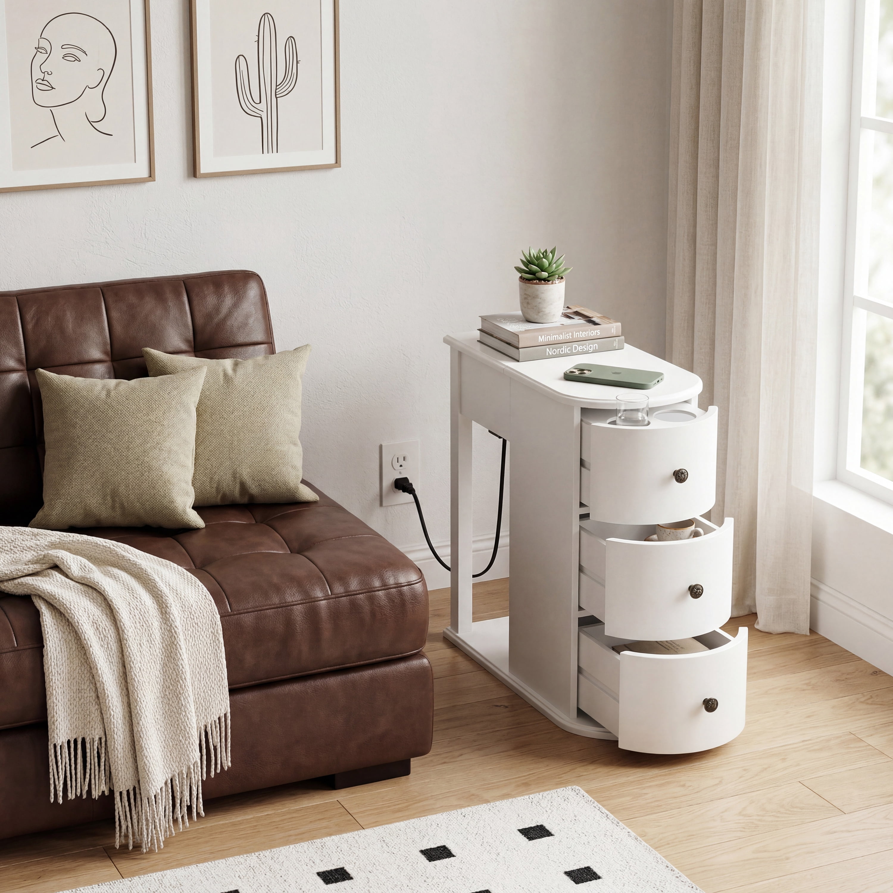 Modern End Table with Hidden Cup Holder Drawer, Charging Station & Pull-Out Side Table, Wooden Bedside Table with 2 Storage Drawers, Space Saving End Table for Bedroom & Living Room
