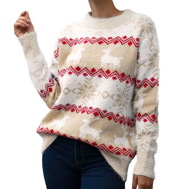 HOWPAY Chandails de Noël pour Femmes Blouse Imprimée de Noël Décontractée à Manches Longues Col Rond Chandail de Fête Chandail Hauts Coupe Ample Léger Confortable Vêtements Y2K Kaki P