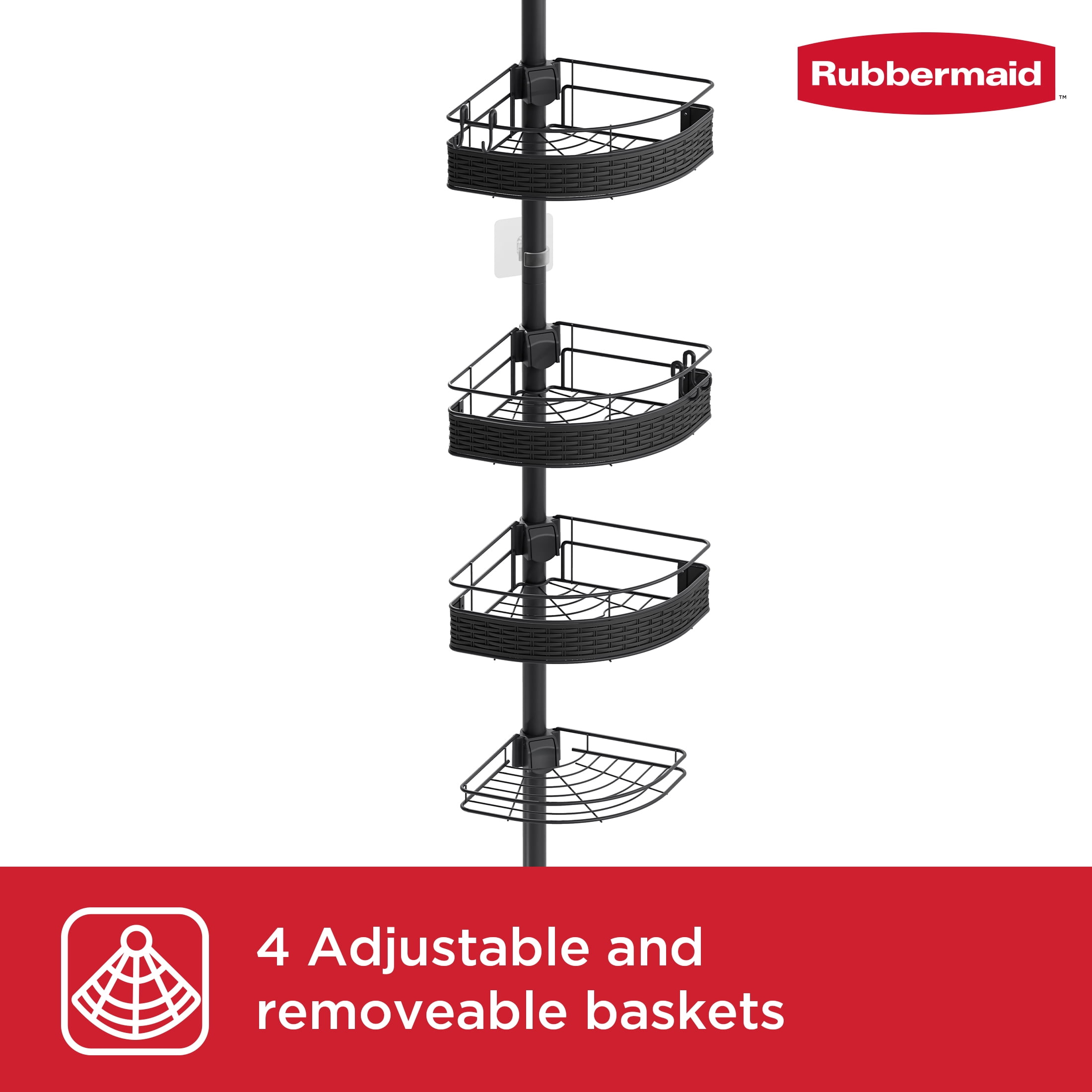 Rubbermaid 3-Tier Steel Tension Pole Mount Shower Caddy with Soap Tray, Black