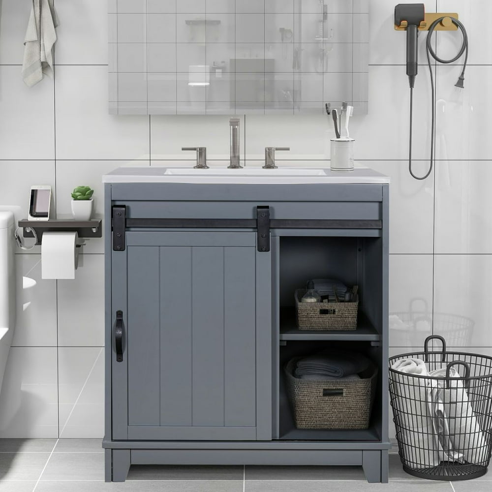 FreeStanding Bathroom Vanity with Sliding Bars Door and White Sink