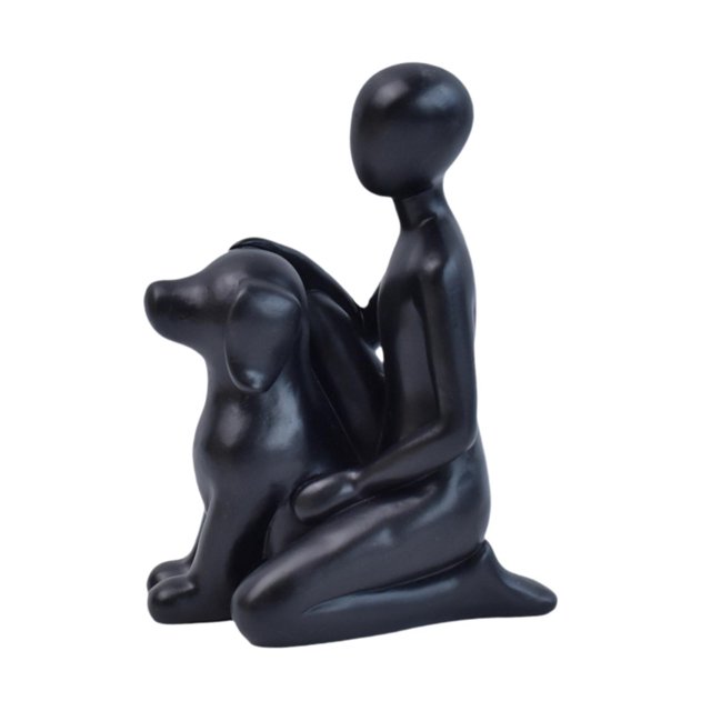 Figura de resina de familia de hombre y perro, escultura con vínculo emocional para conmemorar a los dueños de mascotas. Negro