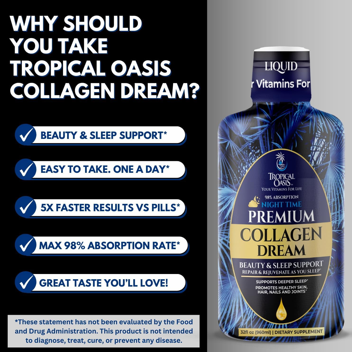 Tropical Oasis Collagen Dream, Premium Liquid Hydrolyzed Collagen Supplement for Men & Women, Sleep Aid for Healthy Hair, Skin, & Nails, Tropical Strawberry Mango, 32 fl oz, 32 Servings