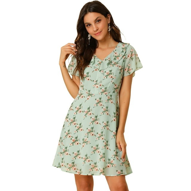 INSPIRE CHIC Women's Ruffle Neck Chiffon Floral Short Sleeve High Waisted Dress