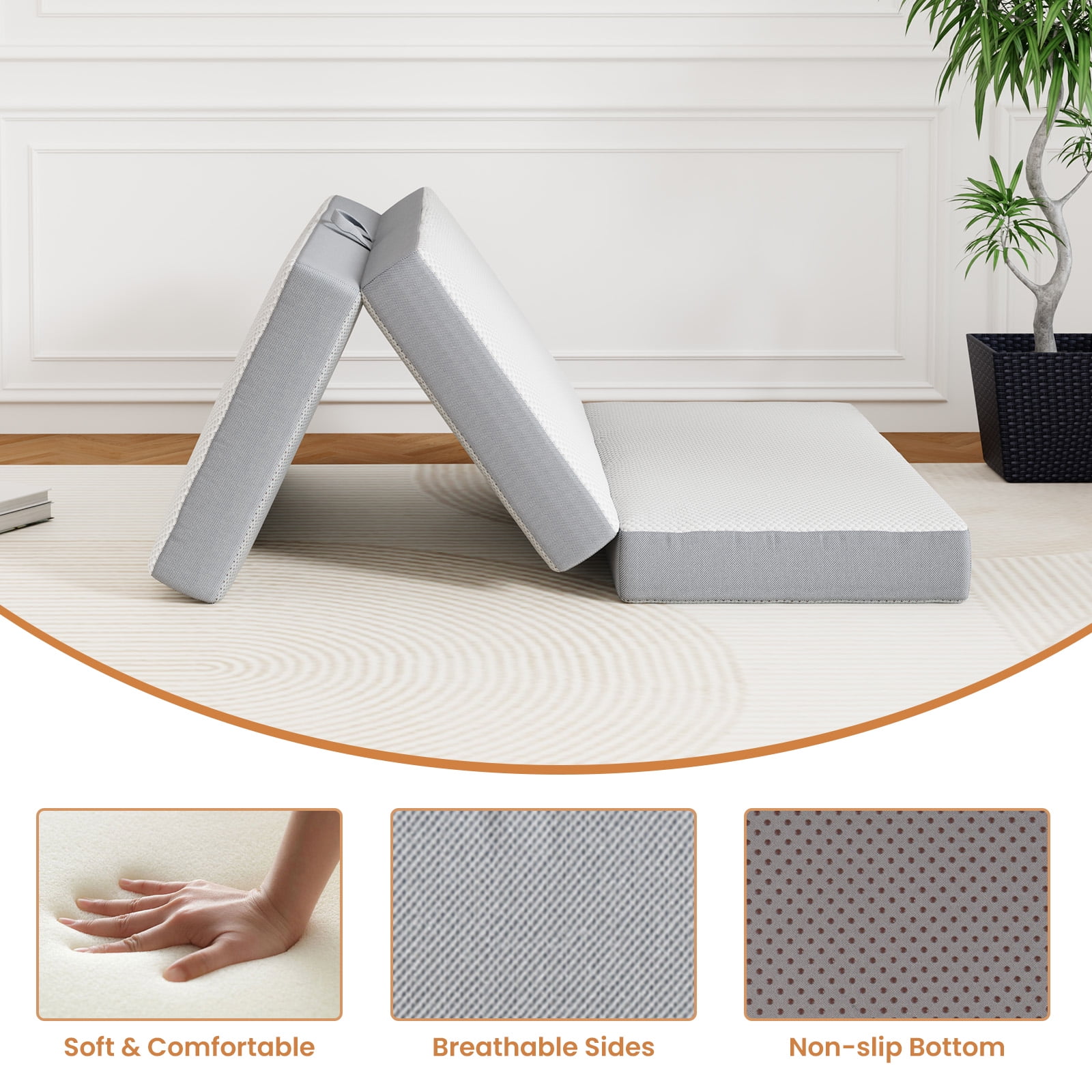VKLIVING Tri-Fold Memory Foam Mattress,6 Inch Portable Floor Mattress with Washable Cover, Non-Slip Bottom & Breathable Mesh Sides for Guest Bed, Camping, Home, RV
