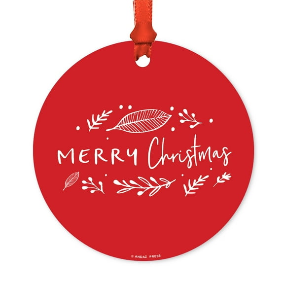 Elegant Scripted Calligraphy Round Metal Christmas Ornament, Merry Christmas, Includes Ribbon and Gift Bag