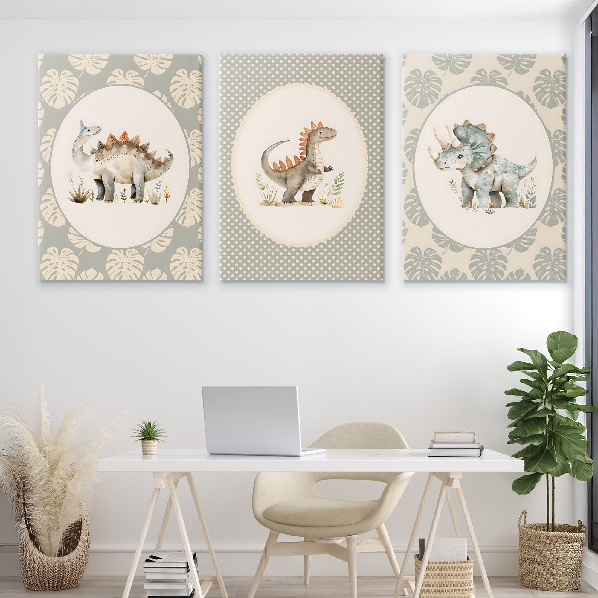 Stupell Industries Nursery Dinosaurs Tropical Border 3 Piece Canvas Wall Art Set, design by LSR Design Studio