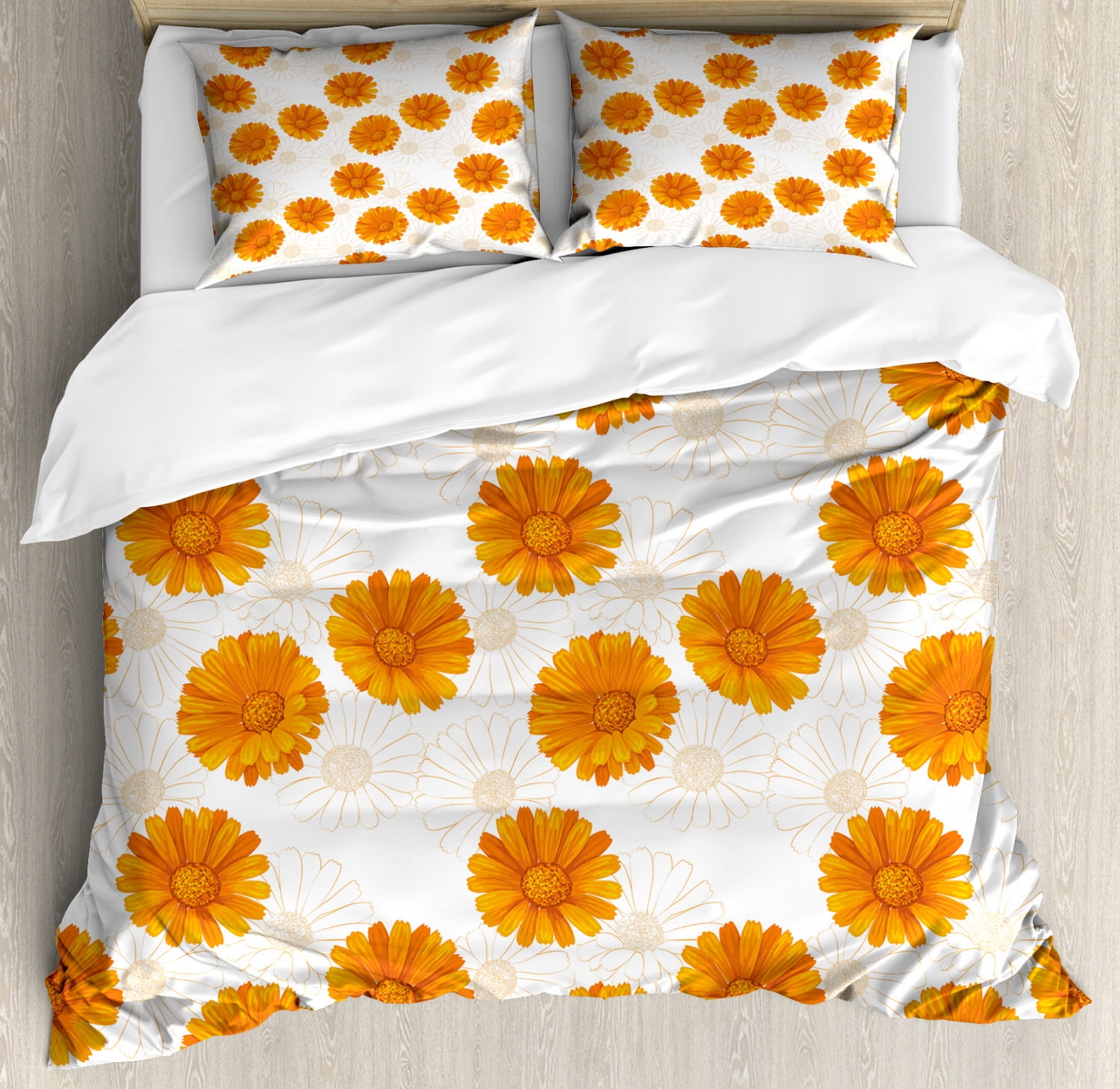 Burnt Orange Queen Size Duvet Cover Set, Blooming Calendula Flowers