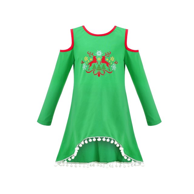 Girls Dress Off Shoulder Christmas Reindeer Pompom Hi-lo Long Sleeve 4 Years