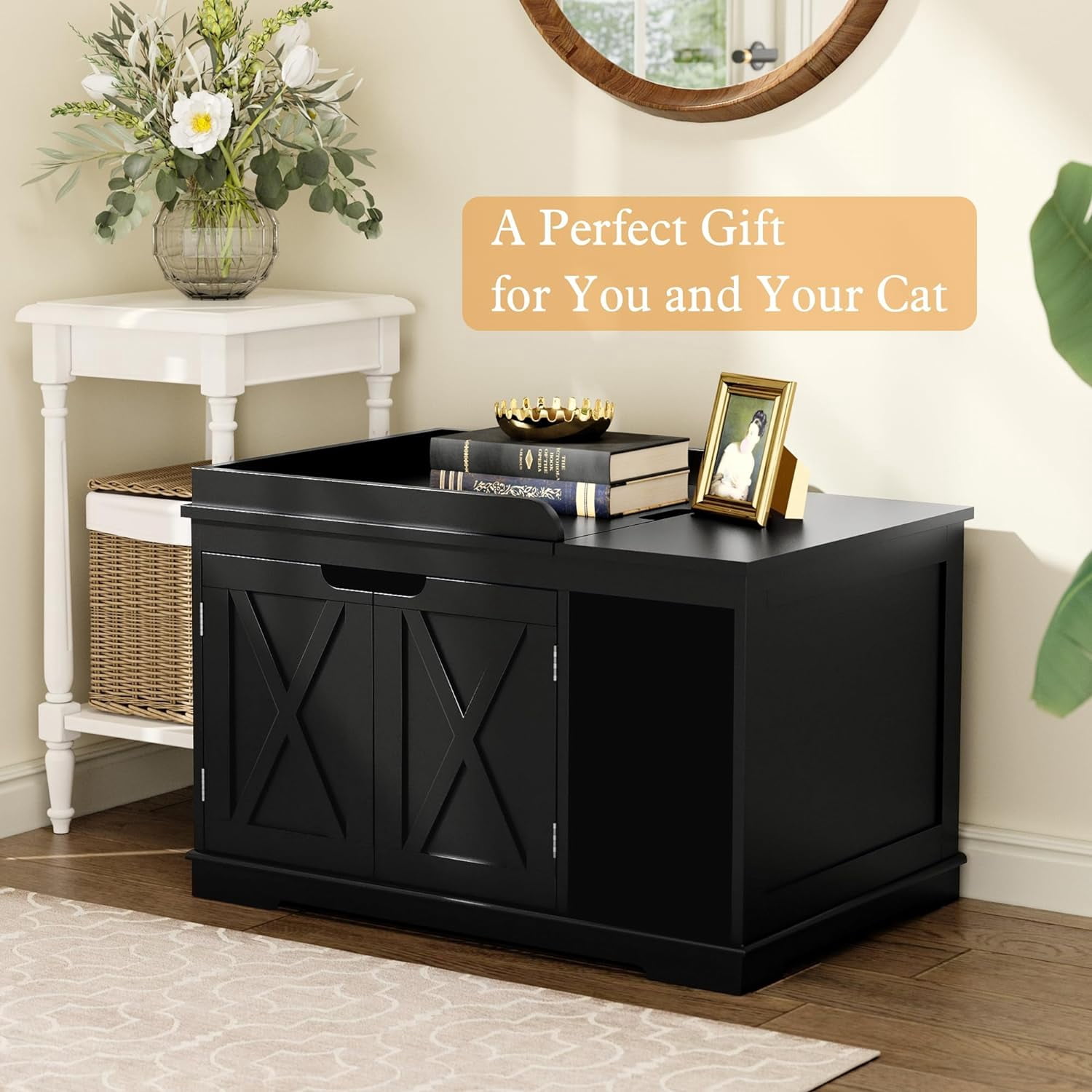 Flip Top Cat Litter Boxes Enclosure Covered Litter Box Hidden Furniture Wooden Cat Washroom Cabinet for , Medium and Large Cat Black