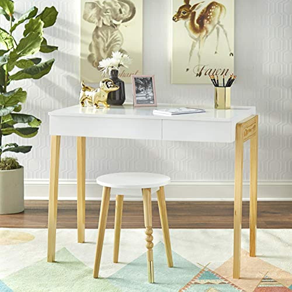 The Mezzanine Shoppe Riley Modern Two Tone Home Office Desk and Stool Set, 2 Piece, White