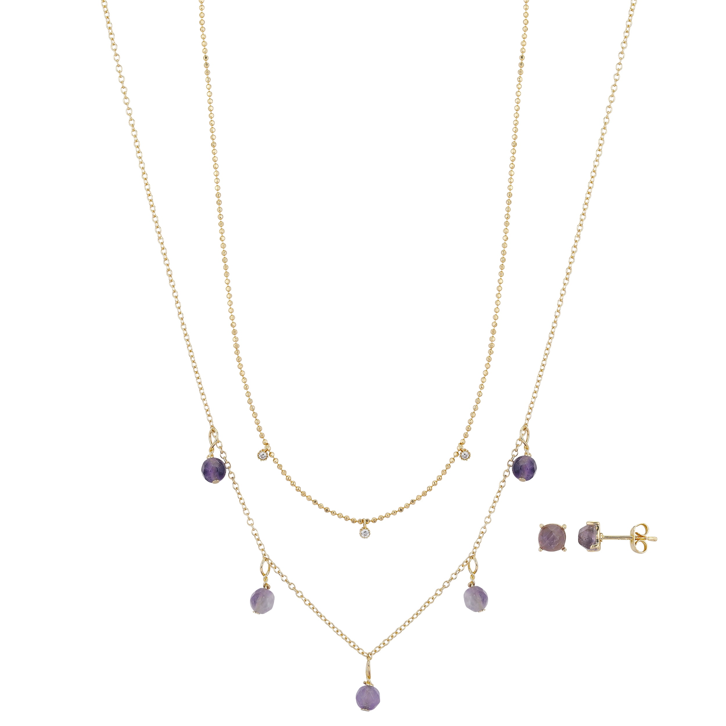 14Kt Gold Flash Plated Amethyst Layered Neck and Earring Set, 16+2' & 18+2'