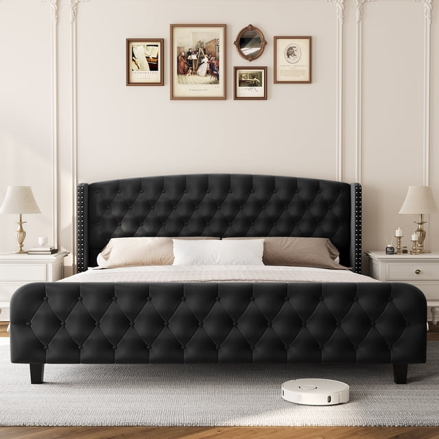 GloryStar Upholstered Platform Bed, Velvet Frame with Deep Button Tufted Wingback Headboard and Footboard, Simple Assembly, No Box Spring Required