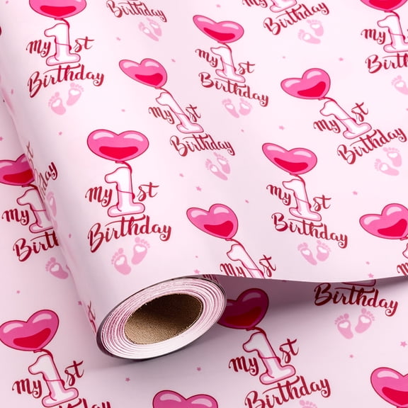 Burymento 1st Birthday Wrapping Paper Girl, Pink Heart Balloon & Footprints Gift Wrap Roll for Baby Girl First Birthday, Toddler Party Supplies, Baby Shower, DIY Decor (Mini Roll, 17in x 16.4ft)
