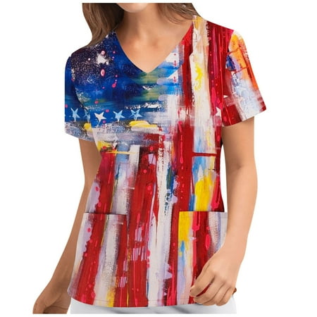 

Women s Independence Day V Neck Scrubs 4th of July Nursing Working Uniform with Pockets Vintage American Flag Scrub Tops T-Shirts