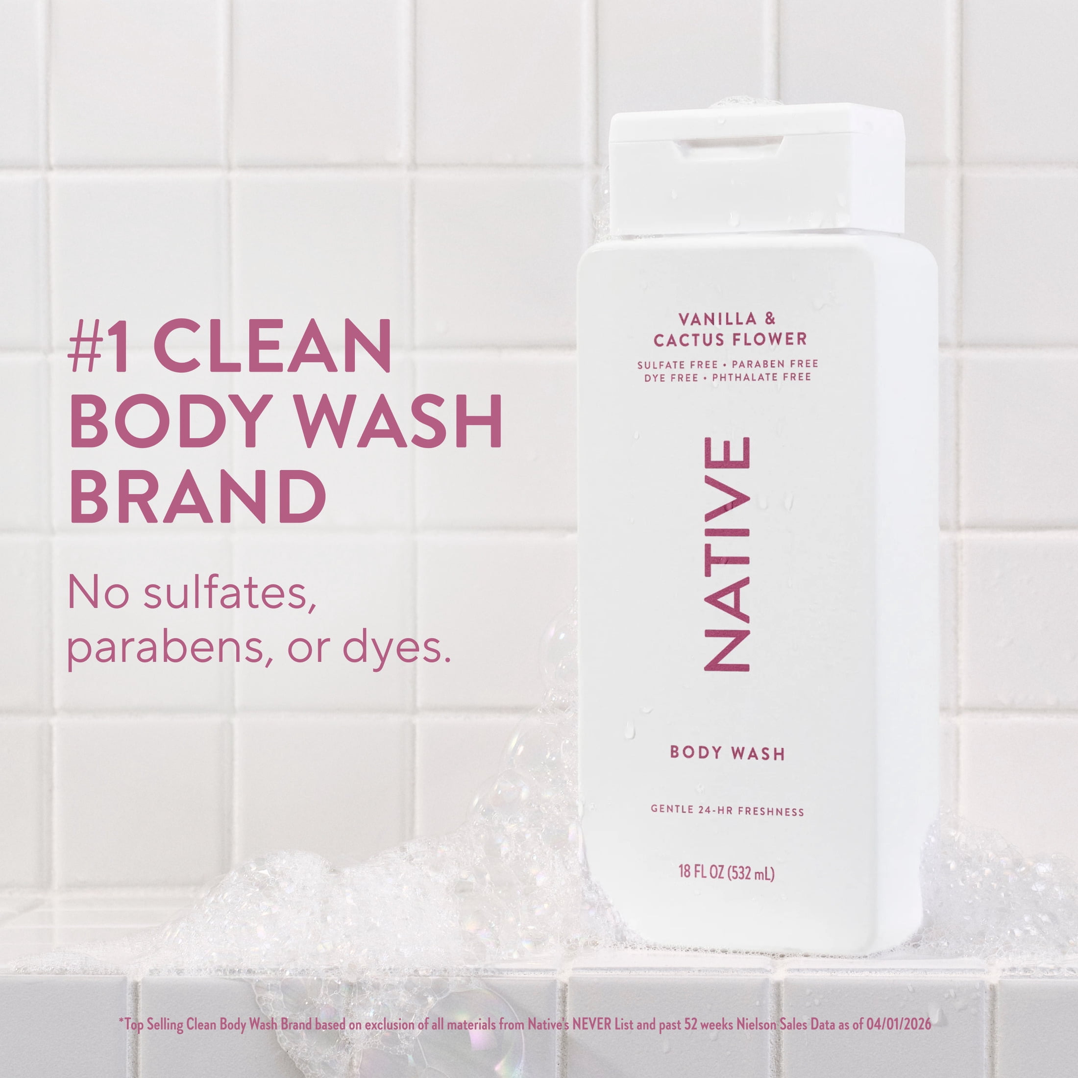Native Body Wash, Vanilla & Cactus Flower, Sulfate Free, for Women & Men, 18 fl oz