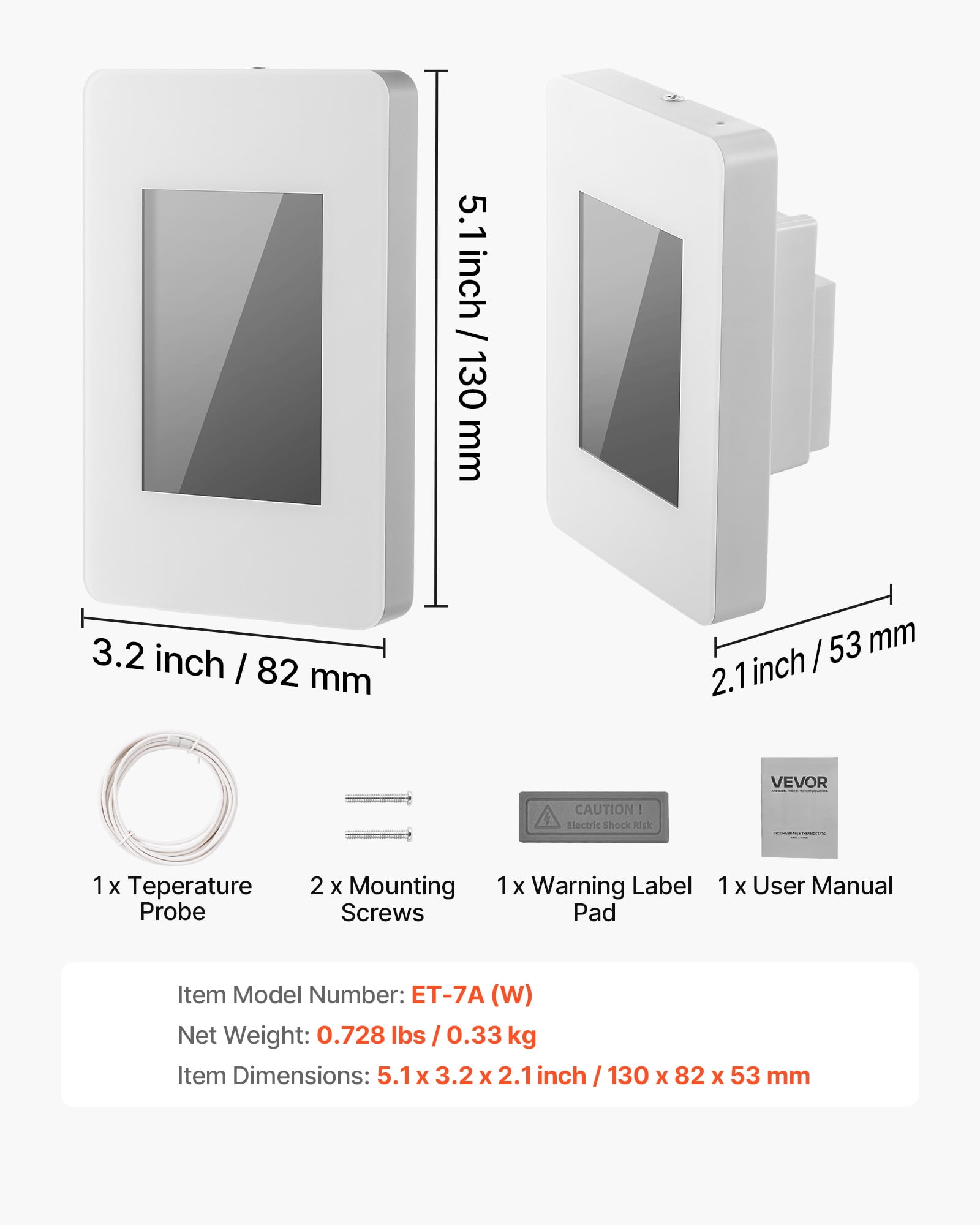 VEVOR 7-Day Programmable Thermostat, Home Thermostats for Radiant Underfloor Heating Cable,Heat Pump with GFCI & Sensitive Sensor,TFT Color Display Touchscreen,Efficient,Gray-White (Without Wifi)